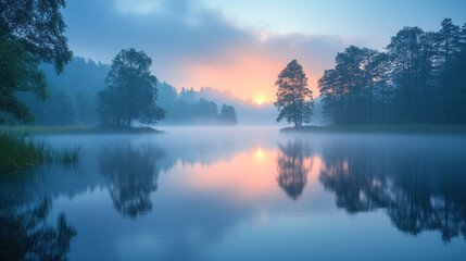 Fototapeta premium Weather background with layers of fog rolling over a tranquil lake at dawn