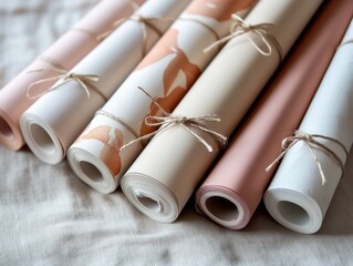 Fototapeta premium Decorative rolled papers in soft pastel colors arranged neatly on a textured surface showcasing creative design ideas and artistic inspiration concept