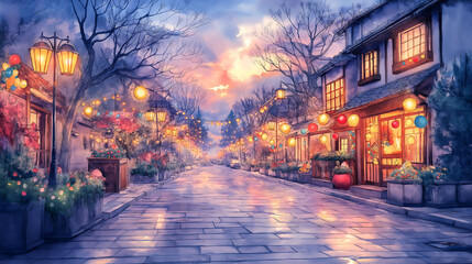 Watercolour painting of cityscape at night.