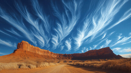 Naklejka premium Wispy cirrus clouds streaking across a deep blue midday sky