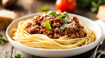 Spaghetti Bolognese with Parmesan and Basil on Rustic Wooden Table