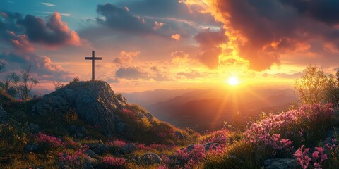 Sunset over a serene mountain landscape with a cross and blooming flowers