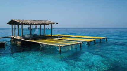 Fototapeta premium Floating fishing platform in clear blue waters, showcasing marine life and serene seascape