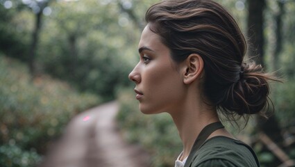 Profile of a girl in the forest, peaceful walk along a natural path