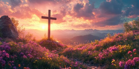 Sunset illuminates a wooden cross surrounded by vibrant flowers on a serene hilltop