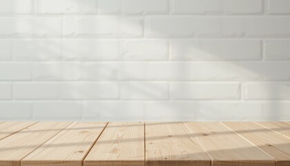 Fototapeta premium Bright and Airy Wooden Table Against White Brick Wall Background