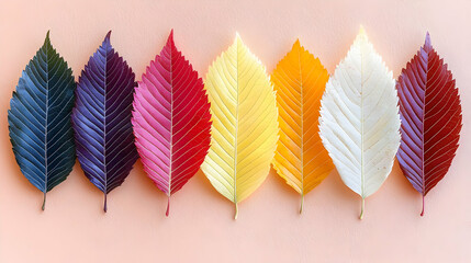 Colorful autumn leaves arranged on pink background; nature, seasonal change concept