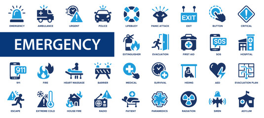 Emergency flat icons set. SOS, ambulance, 911, urgency, police, medical, hospital icons and more signs. Flat icon collection.