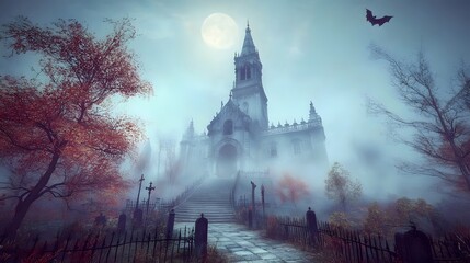 Pixel Art Church in Autumnal Landscape with Foggy Atmosphere under Moonlight