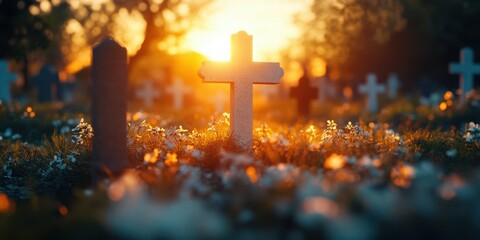 Sunset casting golden light on a graveyard adorned with crosses and blooming flowers during a tranquil evening