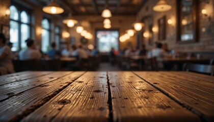 Rustic Wooden Table in Cozy Cafe with Soft Warm Lighting