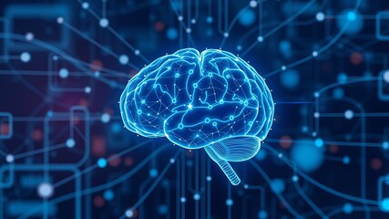 Digital representation of glowing neural connections in a human head with futuristic technology background and bokeh effect, concept, brain, intelligence