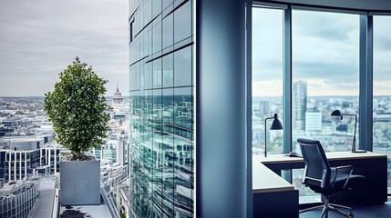 Modern Office Interior with Cityscape View Tall Buildings and Natural Light Green Plant on Balcony