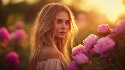 Naklejka premium A woman stands gracefully in a vibrant flower garden, gazing at the beautiful blossoms around her. The golden sun shines above her head, casting a warm glow over the scene. 