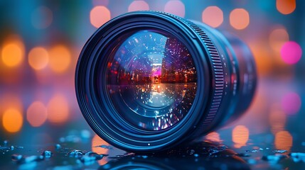 Vibrant lens reflection capturing essence of creative filmmaking and photography