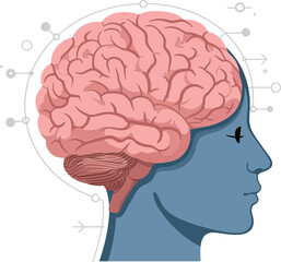 Human profile silhouette with a detailed pink brain, surrounded by abstract shapes and lines in a flat vector illustration