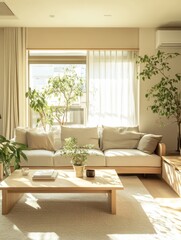 Bright and Airy Living Room Featuring Modern Furniture and Indoor Plants in a Cozy Urban Apartment