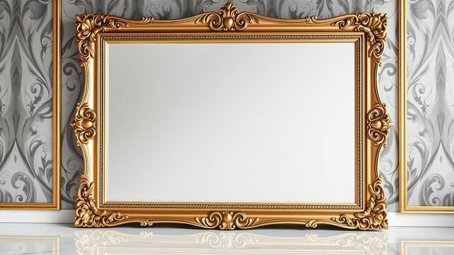 Elegant gold framed mirror reflecting light in a luxurious interior setting, luxurious, mirror, framed