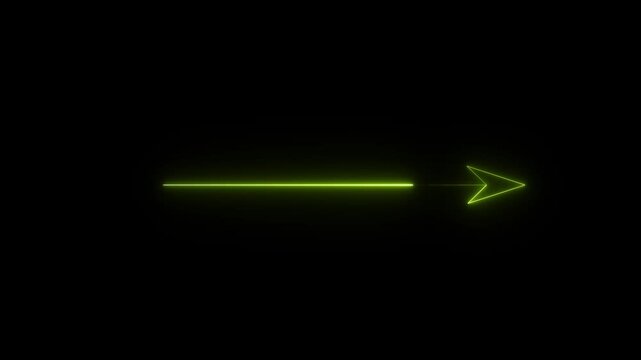 Neon right side arrow indicating animation. glowing laser line animation on black background.