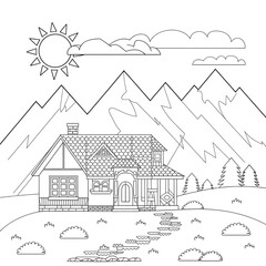 Naklejka premium drawing of house mountain coloring page 