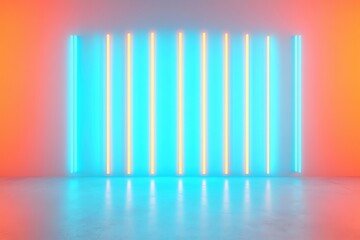Fototapeta premium Vibrant neon light wall with colorful gradients and reflections, minimalistic design.