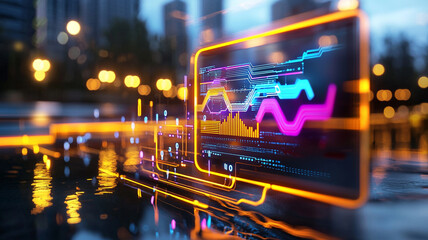 Futuristic Digital Display Showcasing Colorful Graphs And Data Analytics Over A Cityscape at Dusk