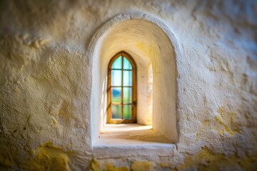 Fototapeta premium Tilt-Shift White Lime Chapel Window, Miniature Photography, Architectural Detail, Narrow Window, White Chapel, Limewashed Walls, Religious Architecture, Chapel Interior