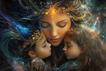 A mother goddess embracing her children, her energy radiating warmth and protection