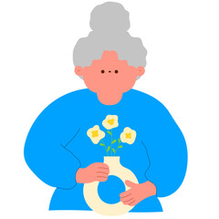 senior woman arranging flowers in a vase, floral decoration flat vector illustration