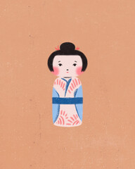 super cute Japan travel theme icons hand-drawn cultural trendy minimalist Japanese aesthetic illustration set new year traditional decoration celebration ornaments gifts foods Kokeshi wooden dolls  