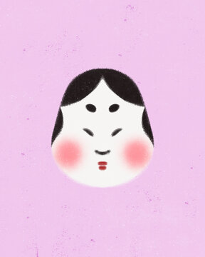 super cute Japan travel theme icons hand-drawn cultural trendy minimalist Japanese aesthetic illustration set new year traditional decoration celebration folk art otafuku okame woman mask     