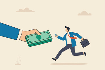 Getting paid, salary, wages payment or bonus, reward or employee benefits, tax refund or investment profit earning, loan or mortgage concept, business man hand giving money banknote to happy employee.