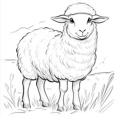 A cheerful cartoon sheep with fluffy wool, a simple line art drawing perfect for children's coloring practice and creative activities