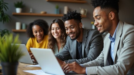 Diverse group of young adults collaborating on laptops in modern workspace