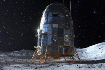 Lunar lander on the moon's surface under a starlit sky during a space exploration mission