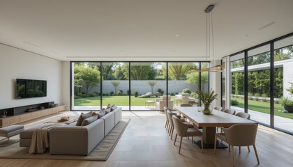 Fototapeta premium Modern interior with spacious living room and serene outdoor view