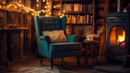 Cozy Interior with Armchair and Warm Fireplace in Rustic Setting