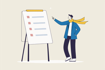 Procedure and workflow, planning process or sequence to finish project, standard or company policy, business outline to step by step, businessman leader present workflow and procedure in meeting.