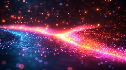 Fototapeta premium Fiber optic cable glowing in neon colors with data transfer beams glowing against a dark backdrop