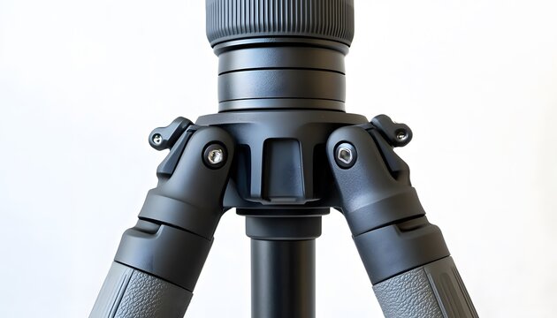 Close up of a professional looking matte black tripod