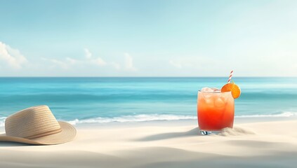 Beach Relaxation with Orange Drink A Refreshing Orange Drink and a Sun Hat on a Sandy Beach with a Blurred Ocean Background