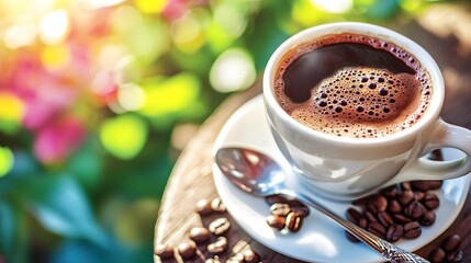 Close up of Coffee Cup with Beans on Wooden Table Blurred Floral Background