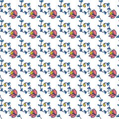 Seamless Botanical Flower Pattern with Blue and Red Elements on White