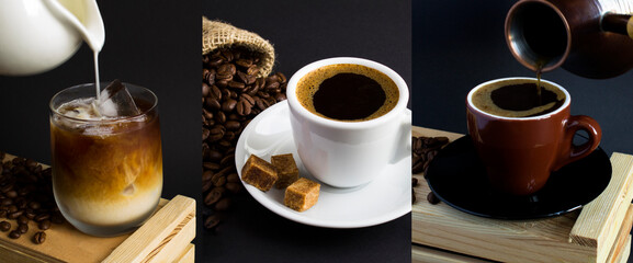 Coffee collage on the black background. Close-up.