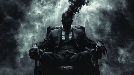 A Silhouetted Man Is Seated in a Black Leather Armchair