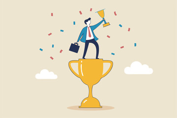 Victory or business achievement, triumph or award winning, accomplishment for leadership success, determination for career success concept, cheerful businessman winner raising flag on winning trophy.