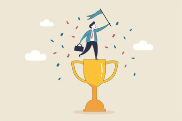 Victory or business achievement, triumph or award winning, accomplishment for leadership success, determination for career success concept, cheerful businessman winner raising flag on winning trophy.