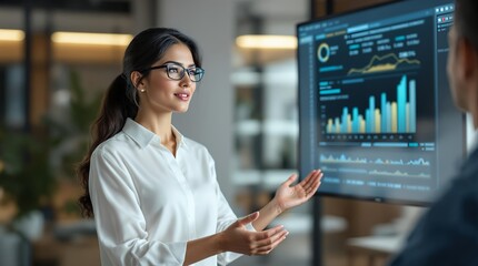 Señora de oficina dando una presentación