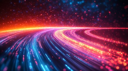 Obraz premium Light streaks flowing through fiber optic cable with dark background illustrating speed of modern technology
