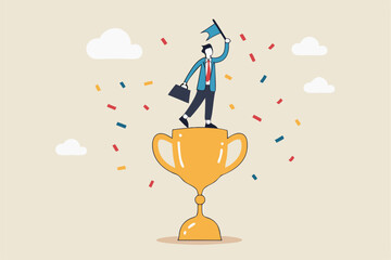 Victory or business achievement, triumph or award winning, accomplishment for leadership success, determination for career success concept, cheerful businessman winner raising flag on winning trophy.
